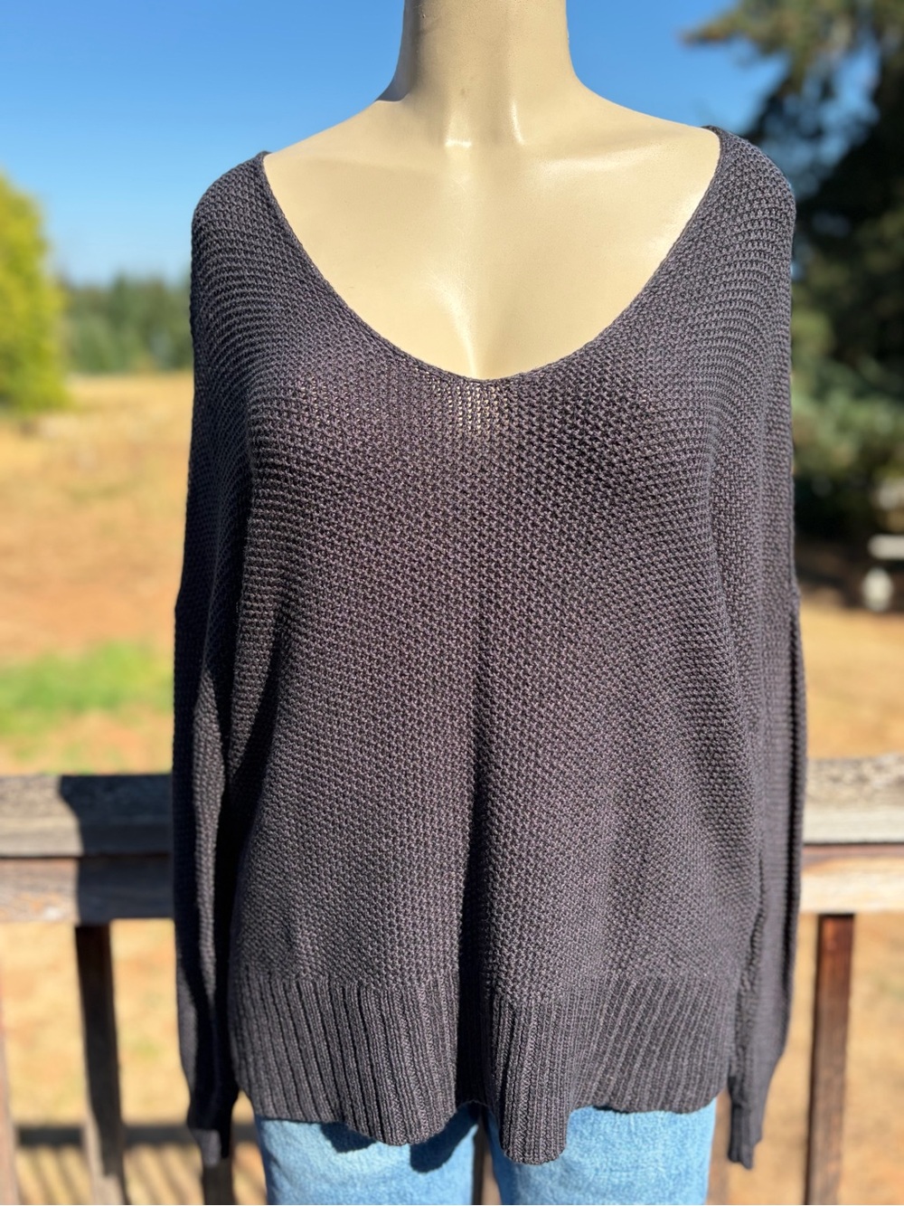 Lucky Brand Black Oversized V-Neck Waffle Knit Women’s Sweater Size L Minimalist